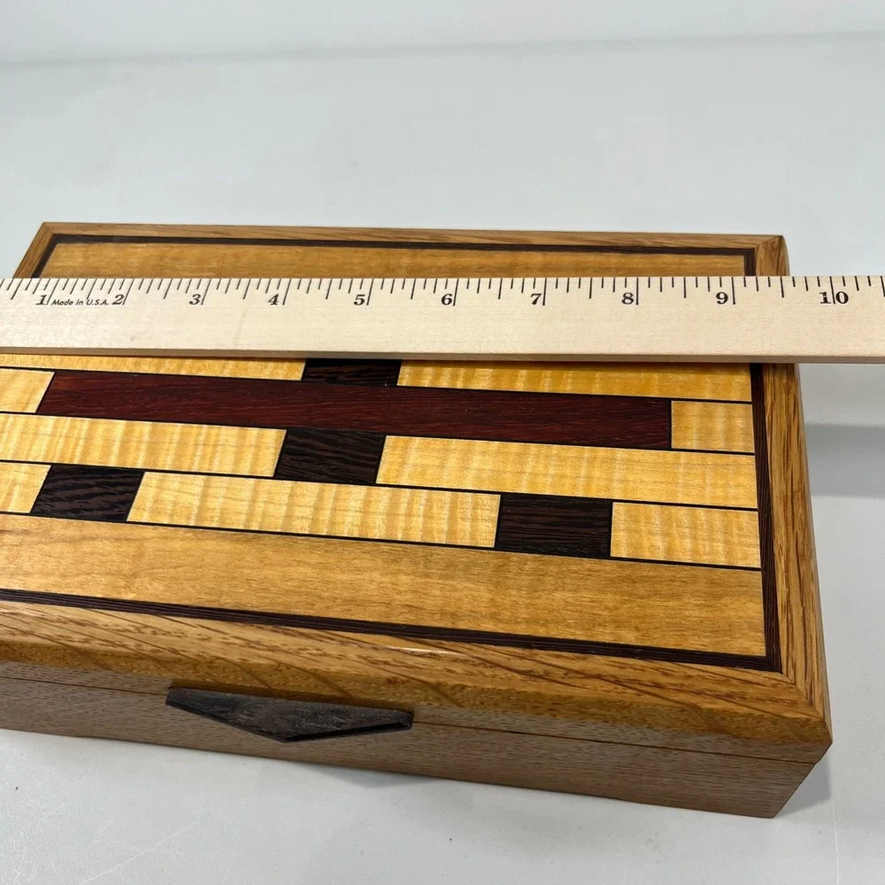 Vintage Handmade Wood Jewelry Box Inlay Geometric Marquetry Folk Art Signed